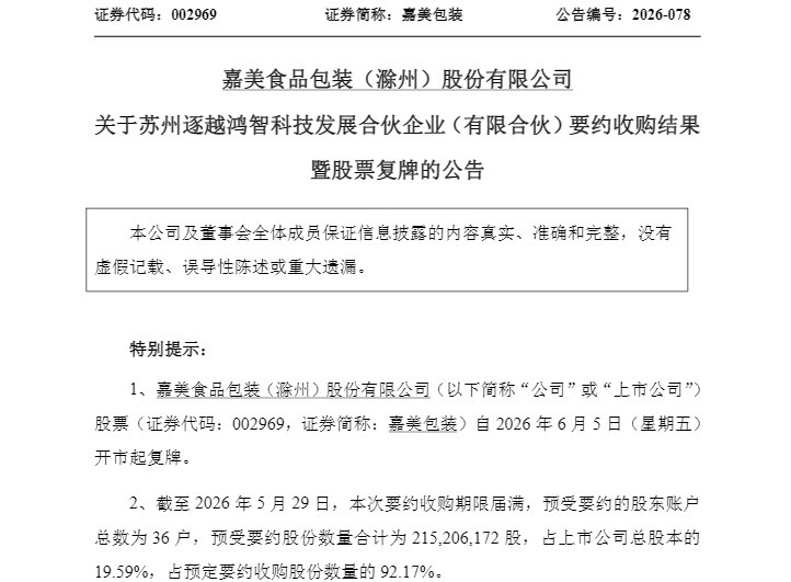 周五复牌！嘉美包装易主 追觅科技俞浩成实控人